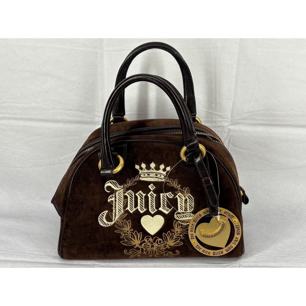 Juicy Couture Velour Crown Heart Bowler Satchel Bag Brown Espresso YHRU2191 NWT